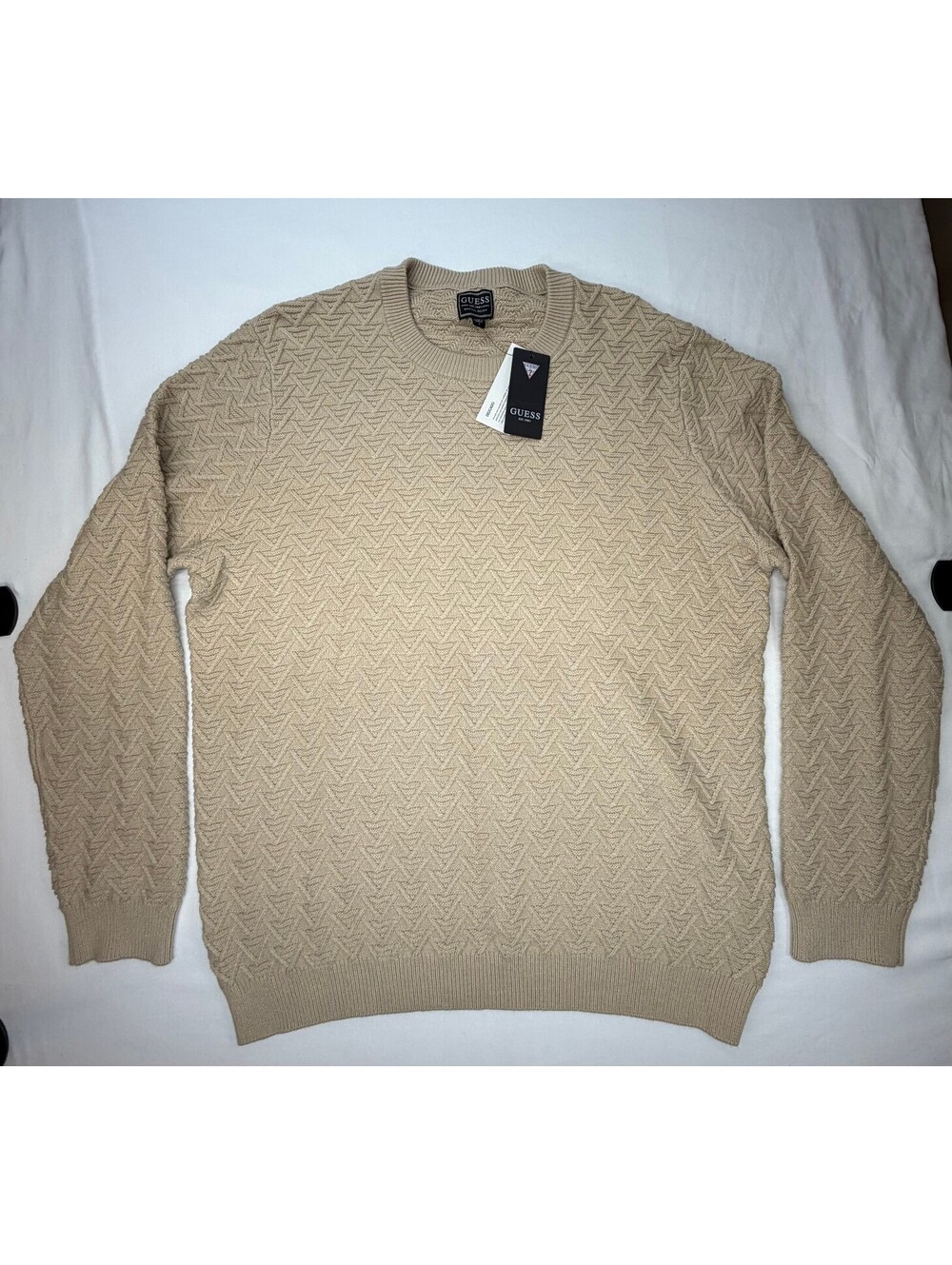 Guess Men's Sweater Pullover Geo-Stitch Knit Crew Neck Size Large Beige NWT